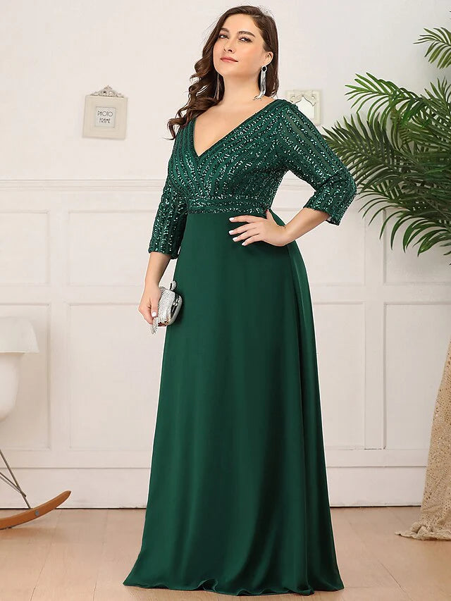 Wholesale Mother of the Bride Dress Plus Size Elegant V Neck Floor Length Polyester 3/4 Length Sleeve with Sequin