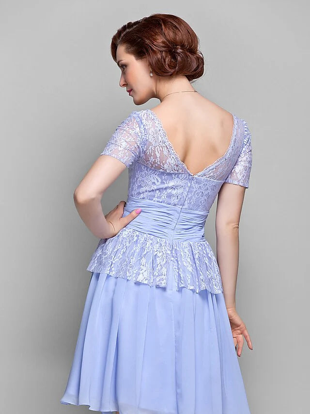 Wholesale A-Line Mother of the Bride Dress Square Neck Knee Length Chiffon Lace Short Sleeve with Lace Bow(s) Ruched