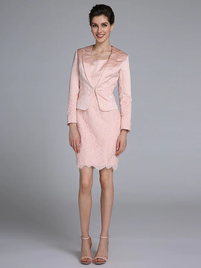 Wholesale Mother of the Bride Dress Convertible Dress Scoop Neck Short Mini Lace Satin Long Sleeve with Lace Appliques