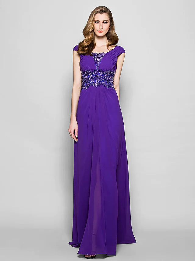 Wholesale A-Line Mother of the Bride Dress Furcal Scoop Neck Satin Georgette Sleeveless with Crystals Beading Appliques
