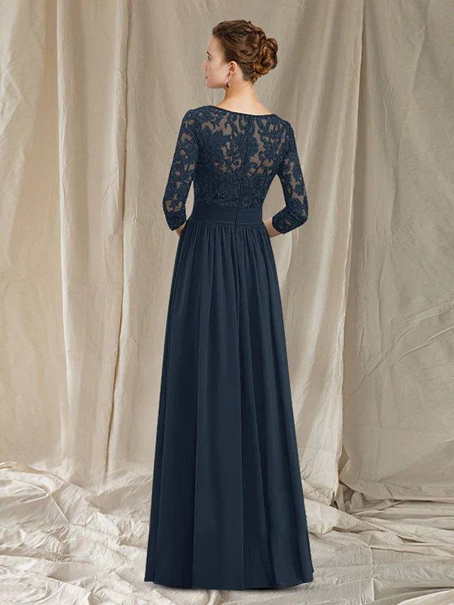 Wholesale A-Line Mother of the Bride Dress Elegant Jewel Neck Floor Length Chiffon Lace Length Sleeve with Pleats Appliques