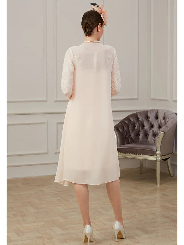 Wholesale Mother of the Bride Dress Elegant Jewel Neck Knee Length Chiffon Long Sleeve with Appliques Ruching
