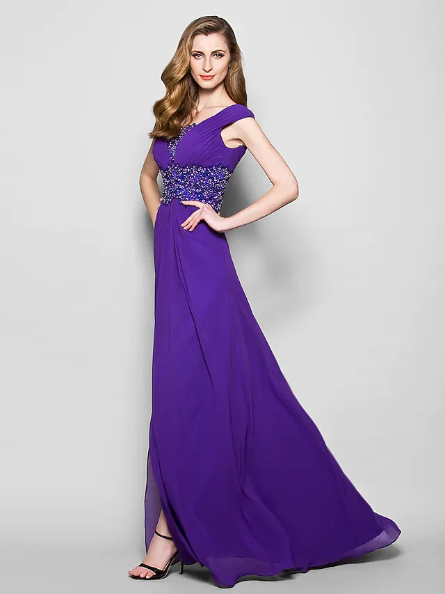 Wholesale A-Line Mother of the Bride Dress Furcal Scoop Neck Satin Georgette Sleeveless with Crystals Beading Appliques