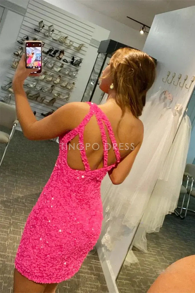 TingPo Wholesale Glitter One-Shoulder Hot Pink Homecoming Dress With Sequins formal wear dresses