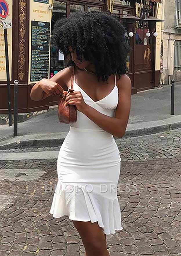 TingPo Wholesale Sheath/Column V Neck Sleeveless Short/Mini Elastic Satin Stretch Crepe Homecoming Dress