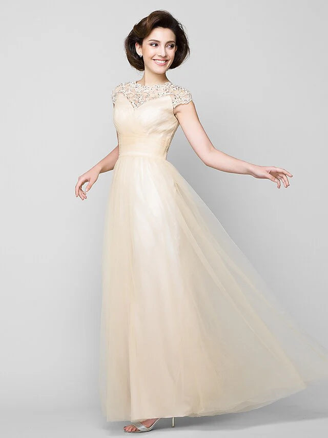 Wholesale A-Line Mother of the Bride Dress See Through Jewel Neck Floor Length Tulle Sleeveless with Criss Cross Beading