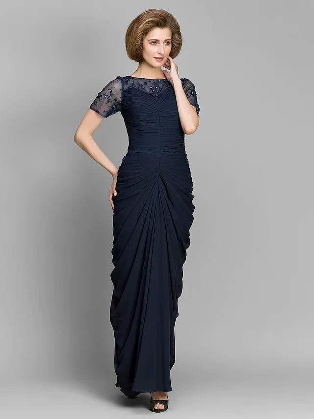Wholesale Mother of the Bride Dress Elegant Bateau Neck Floor Length Chiffon Short Sleeve with Ruched Beading