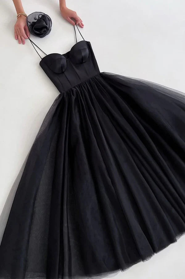 Wholesale Black Spaghetti Tulle Short Prom Dress Black Homecoming Party Dress