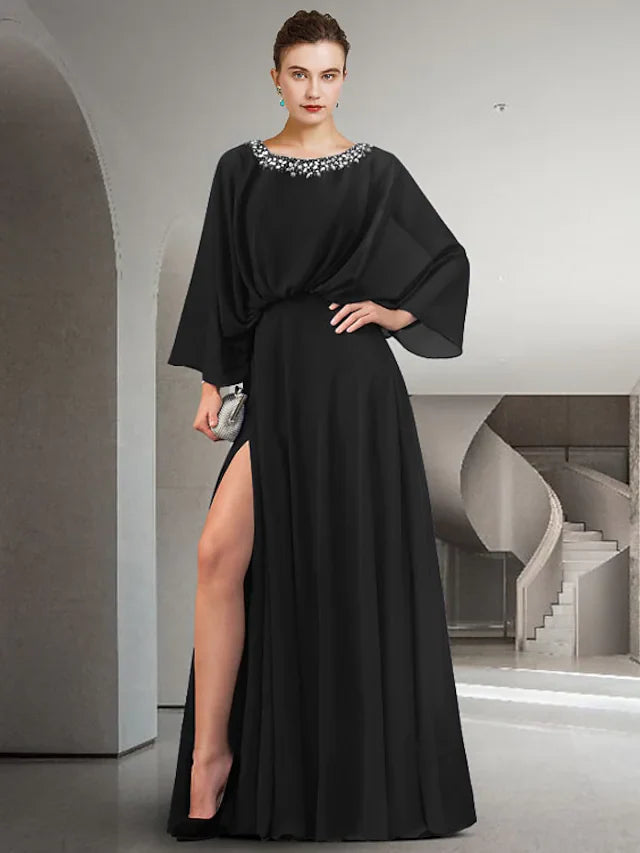 Wholesale Mother of the Bride Dress Elegant Jewel Neck Floor Length Chiffon Long Sleeve with Pleats Beading Split Front