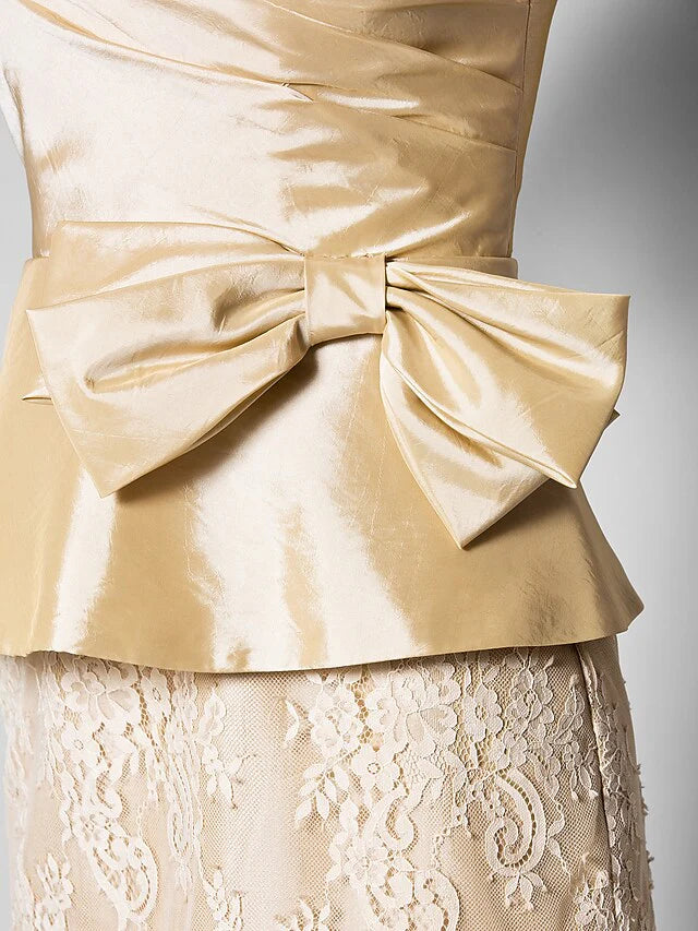 Wholesale Mother of the Bride Dress Vintage Inspired Jewel Neck Knee Length Lace Taffeta 3/4 Length Sleeve with Bow(s) Side Draping