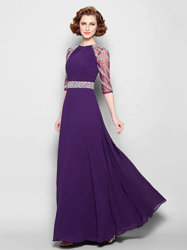 Wholesale A-Line Mother of the Bride Dress See Through Jewel Neck Floor Length Tulle Georgette Half Sleeve with Sash Ribbon Crystals Beading