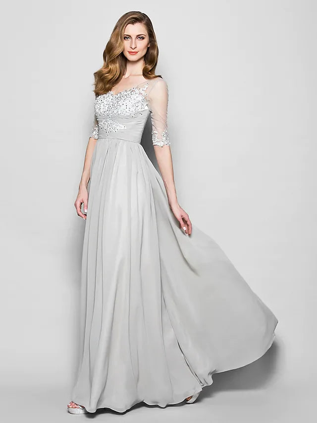 Wholesale A-Line Mother of the Bride Dress V Neck Floor Length Chiffon Tulle Half Sleeve with Ruched Beading Sequin