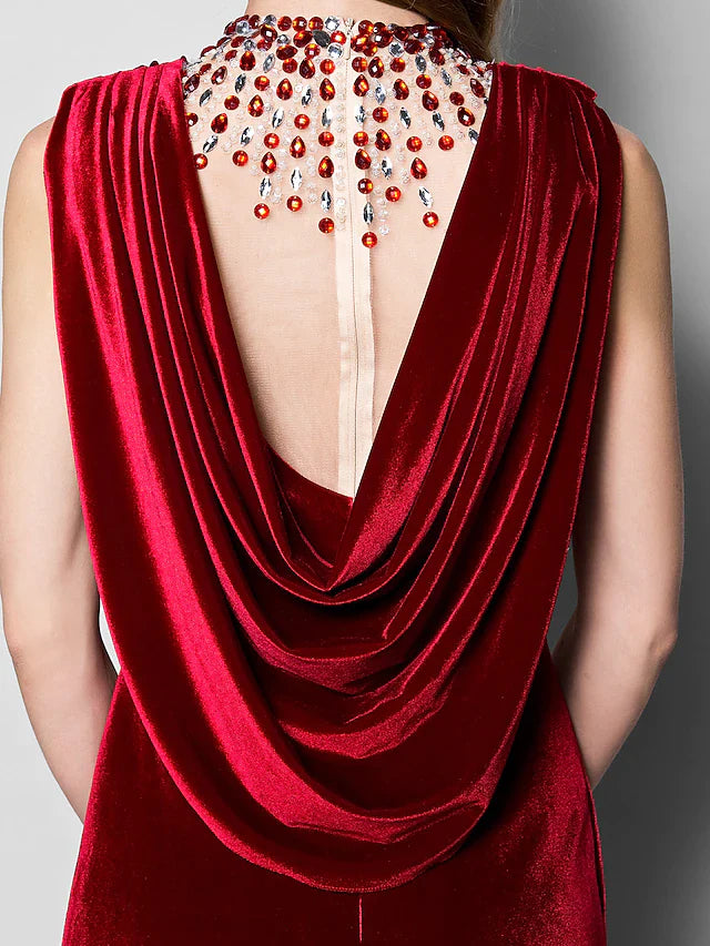 Wholesale Mother of the Bride Dress Cowl Neck Floor Length Velvet Sleeveless with Crystals Beading