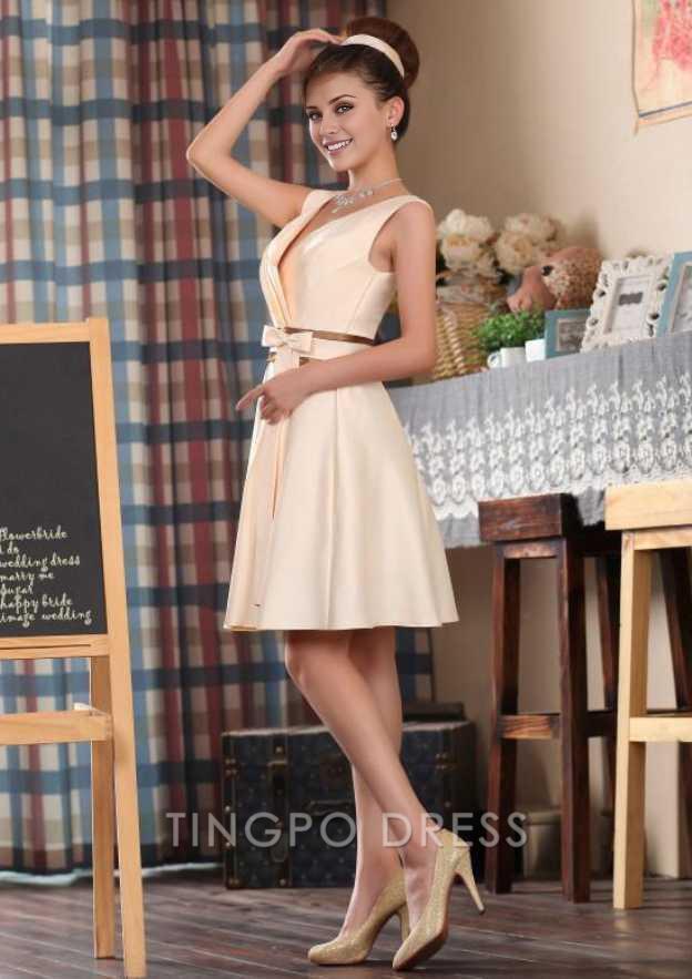 TingPo Wholesale A-line/Princess V Neck Sleeveless Knee-Length Satin Bridesmaid Dress With Bowknot Pleated