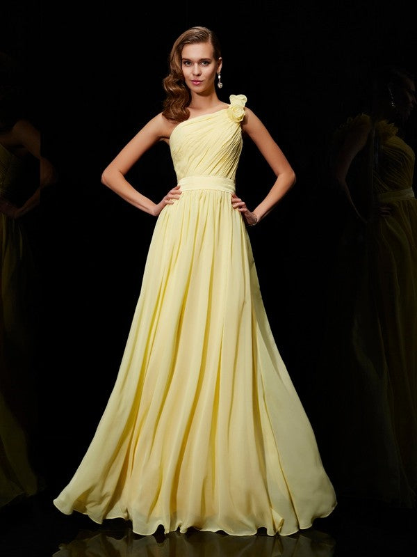 Wholesale A-Line/Princess One-Shoulder Sleeveless Hand-Made Flower Long Chiffon Bridesmaid Dresses