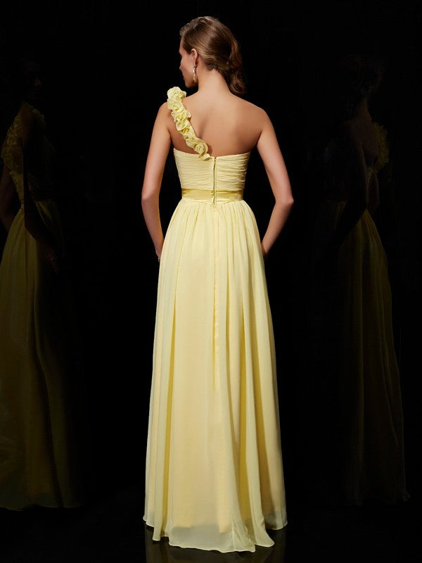 Wholesale A-Line/Princess One-Shoulder Sleeveless Hand-Made Flower Long Chiffon Bridesmaid Dresses