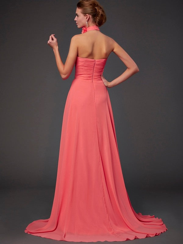 Wholesale A-Line/Princess Halter Sleeveless Hand-Made Flower Long Chiffon Bridesmaid Dresses