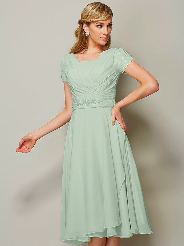 Wholesale Sheath/Column Bateau Short Sleeves Ruffles Short Chiffon Tea-Length Bridesmaid Dresses