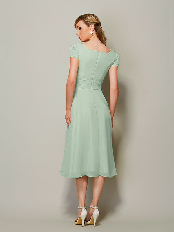 Wholesale Sheath/Column Bateau Short Sleeves Ruffles Short Chiffon Tea-Length Bridesmaid Dresses