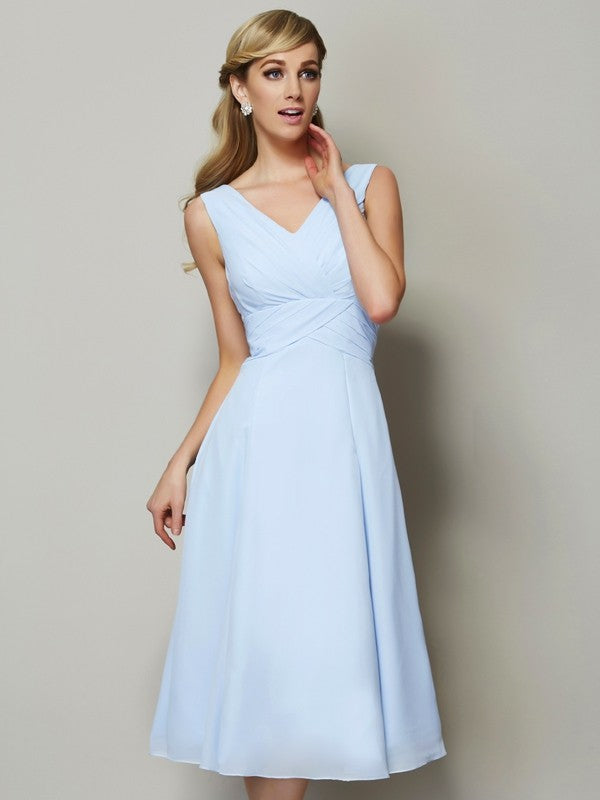 Wholesale A-Line/Princess V-neck Sleeveless Pleats Short Chiffon Bridesmaid Dresses