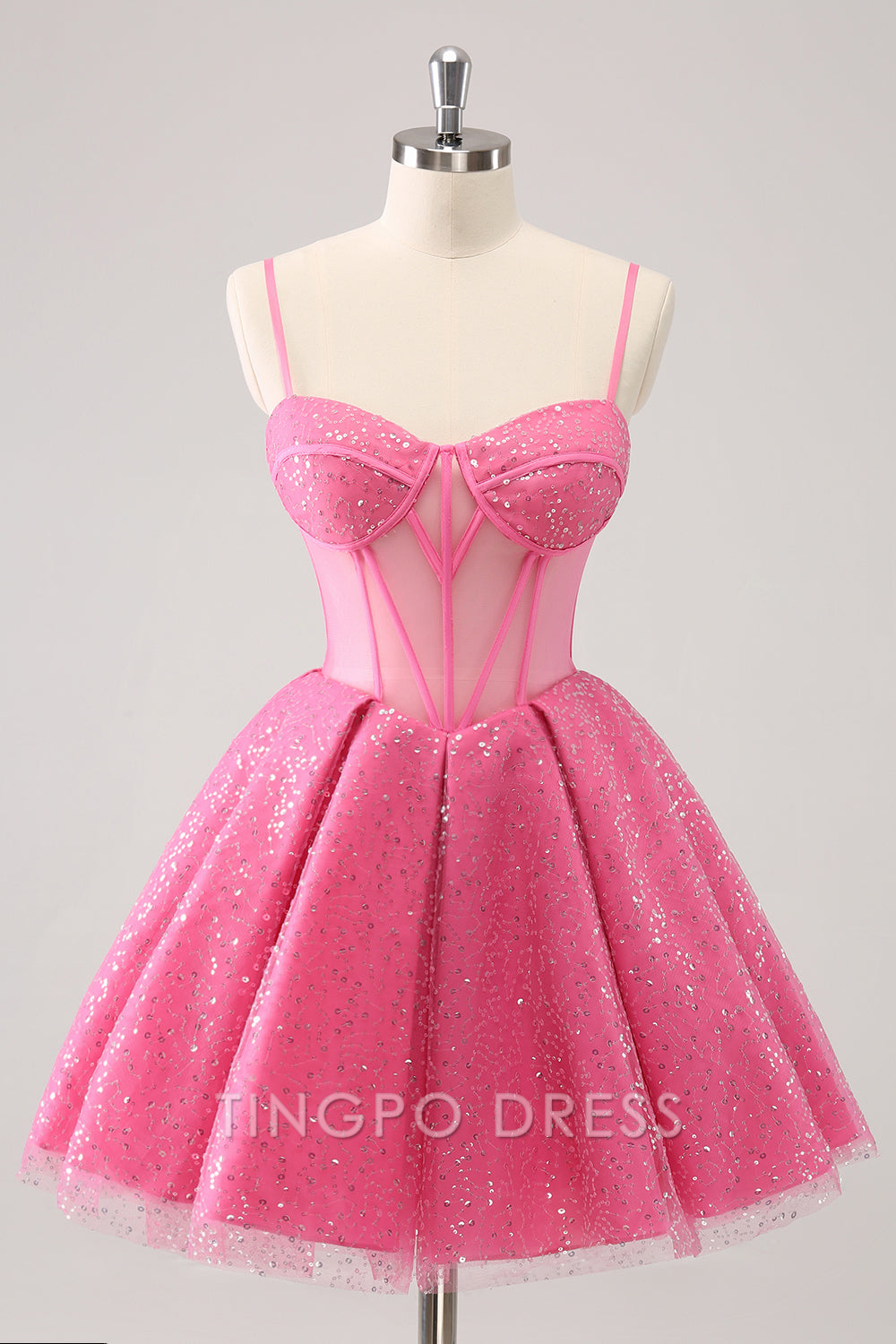 TingPo Wholesale Elegant Pink A-Line Spaghetti Straps Corset Cocktail Dress with Sequins formal wear dresses