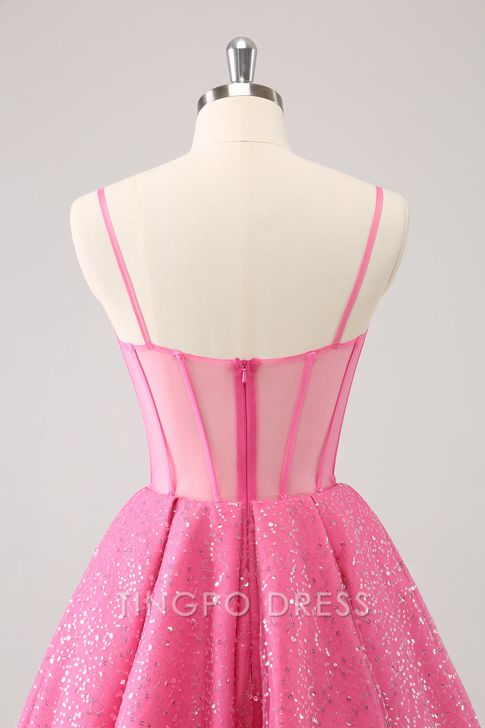 TingPo Wholesale Elegant Pink A-Line Spaghetti Straps Corset Cocktail Dress with Sequins formal wear dresses
