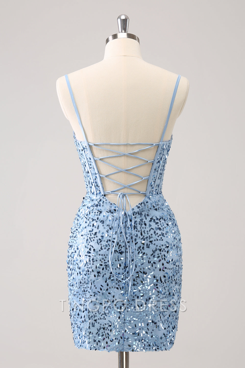 TingPo Wholesale Elegant Sparkly Blue Tight Sequins Spaghetti Straps Homecoming Dress formal wear dresses