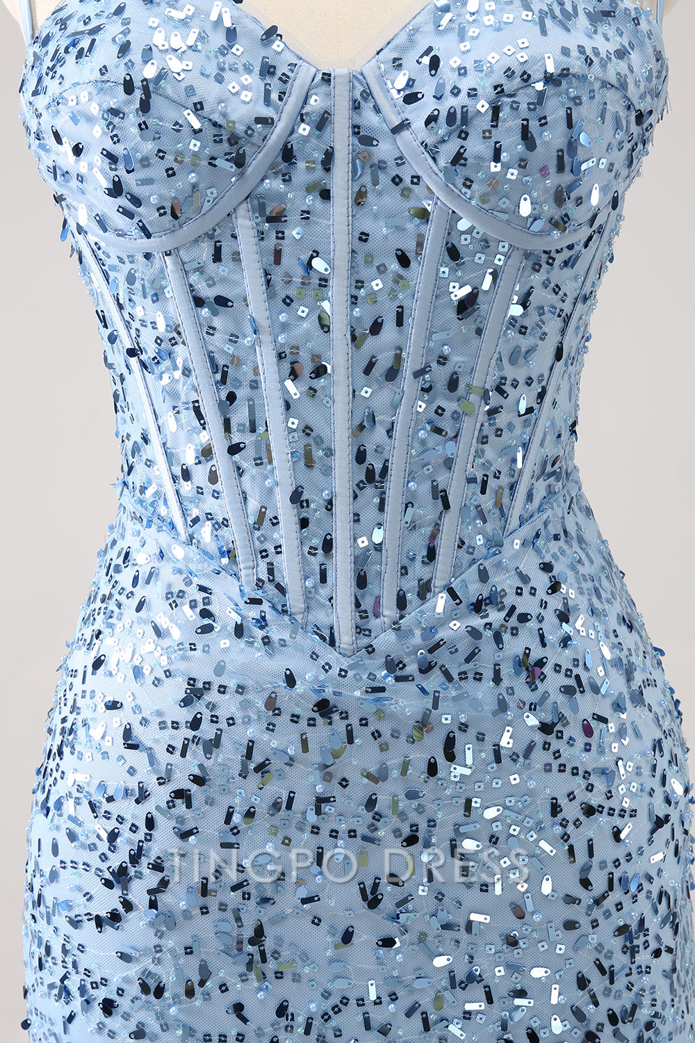 TingPo Wholesale Elegant Sparkly Blue Tight Sequins Spaghetti Straps Homecoming Dress formal wear dresses