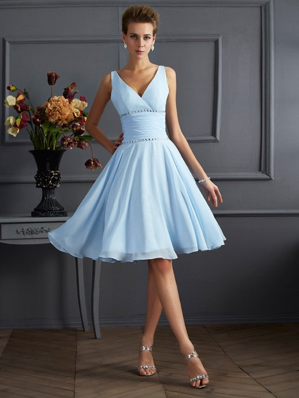 Wholesale A-Line/Princess V-neck Sleeveless Pleats Short Chiffon Bridesmaid Dresses