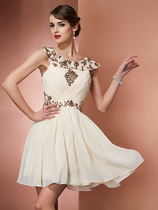 Wholesale A-Line/Princess Scoop Sleeveless Beading Applique Short Chiffon Bridesmaid Dresses