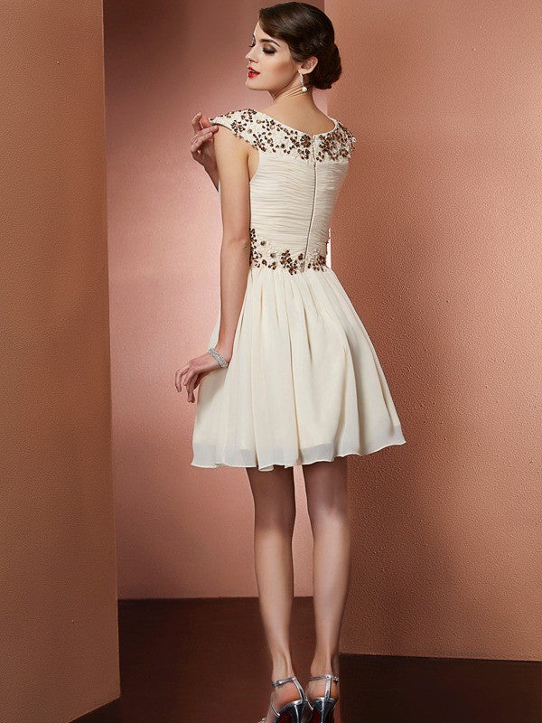 Wholesale A-Line/Princess Scoop Sleeveless Beading Applique Short Chiffon Bridesmaid Dresses