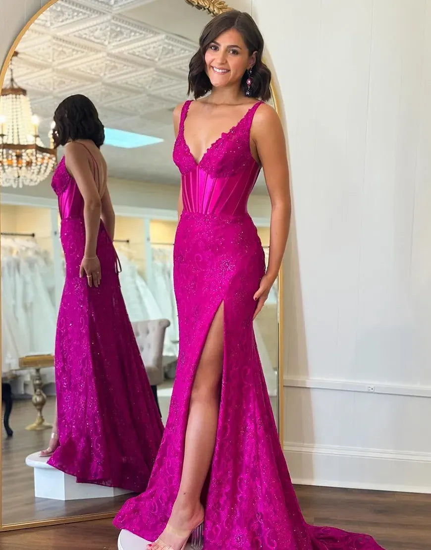Wholesale Glitter Fuchsia Mermaid V-Neck Long Corset Prom Dress With Split prom dresses with long sleeves