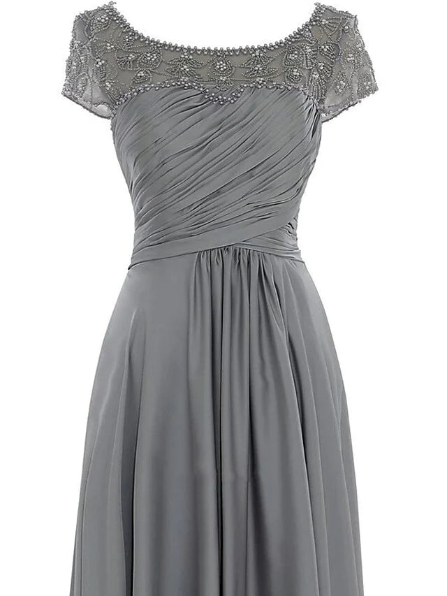 Wholesale Mother of the Bride Dress Elegant Jewel Neck Floor Length Chiffon Sleeveless with Pleats Beading