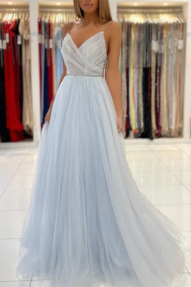 Wholesale Spaghetti Straps V-Neck Tulle Long Prom Dress With Beads