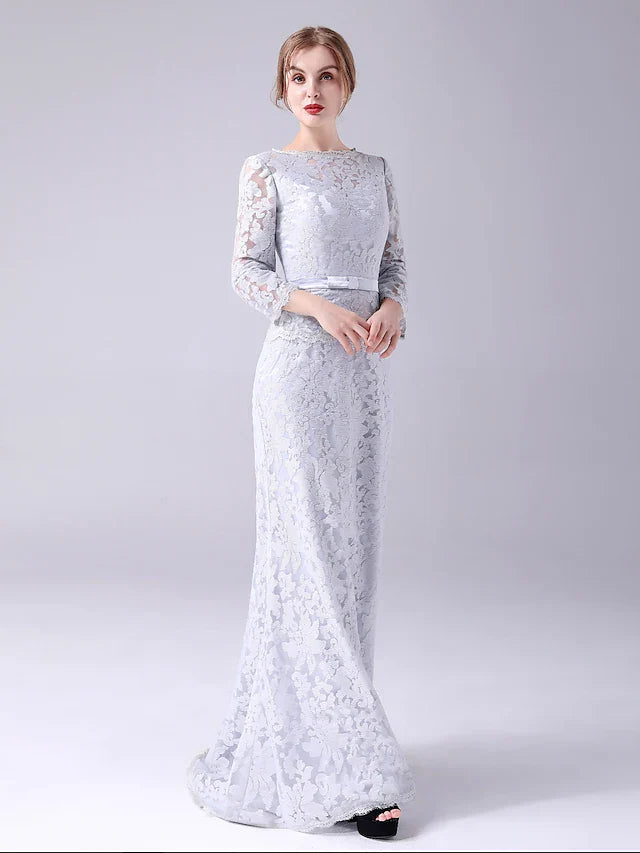 Wholesale Mother of the Bride Dress Elegant Sweet Jewel Neck Floor Length Lace Long Sleeve with Sash Ribbon Bow(s)