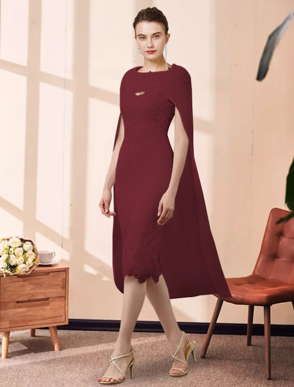 Wholesale Two Piece Sheath / Column Mother of the Bride Dress Church Elegant Jewel Neck Knee Length Chiffon Lace Sleeveless with Beading Appliques