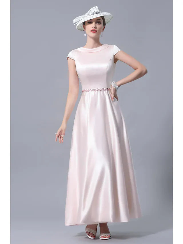 Wholesale A-Line Mother of the Bride Dress Plus Size Cowl Neck Ankle Length Satin Short Sleeve with Crystals