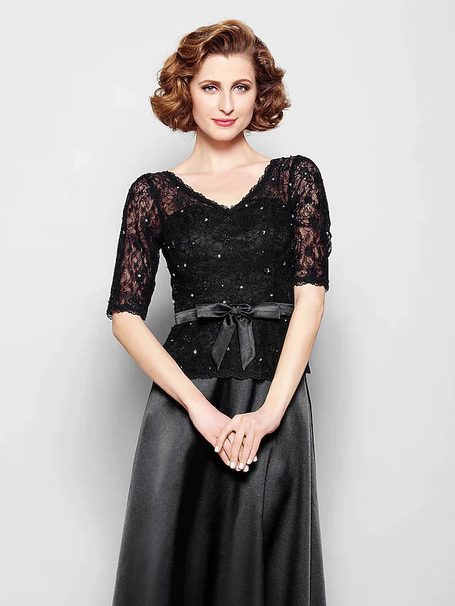 Wholesale Mother of the Bride Dress Elegant V Neck Floor Length Lace Stretch Satin Half Sleeve with Lace Sash Ribbon Bow(s)