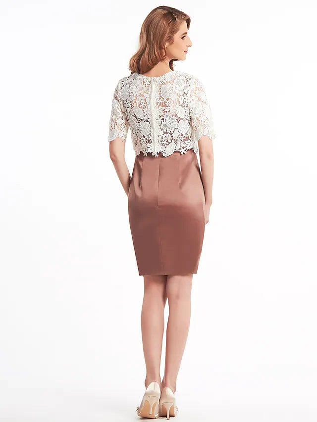 Wholesale Mother of the Bride Dress Convertible Dress Bateau Neck Short Mini Lace Satin Half Sleeve with Lace