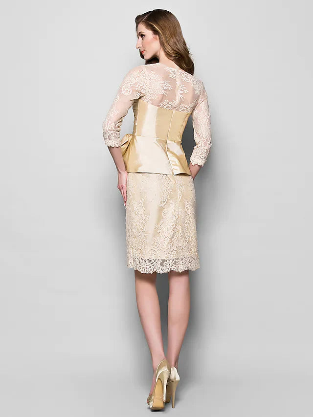 Wholesale Mother of the Bride Dress Vintage Inspired Jewel Neck Knee Length Lace Taffeta 3/4 Length Sleeve with Bow(s) Side Draping