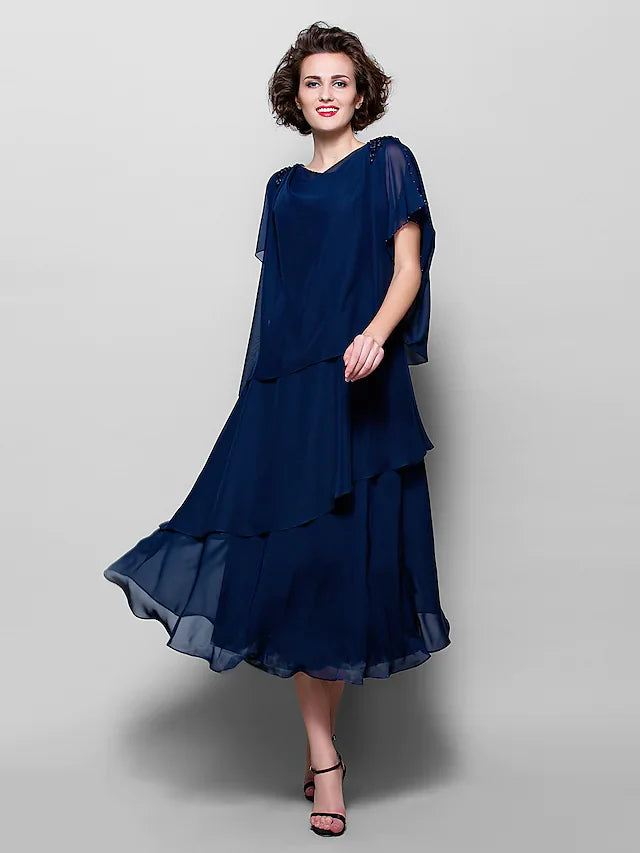 Wholesale A-Line Mother of the Bride Dress Plus Size Elegant Cowl Neck Tea Length Chiffon Short Sleeve with Ruffles