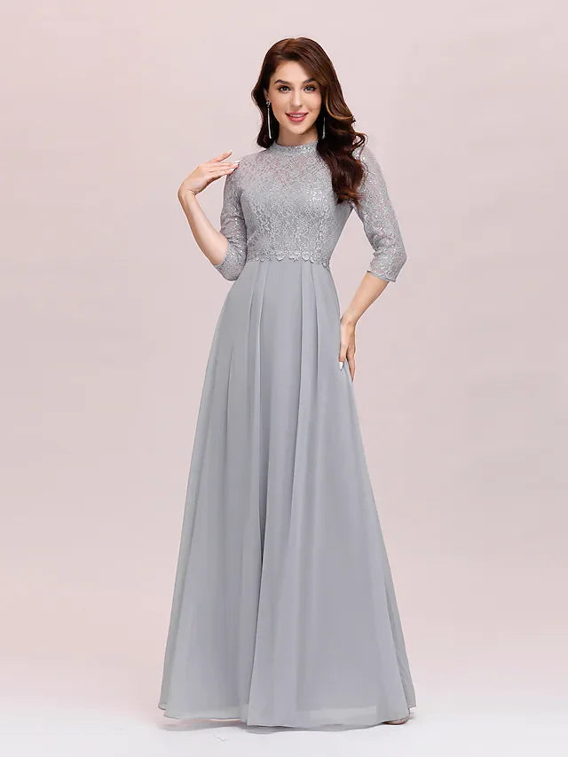 Wholesale A-Line Mother of the Bride Dress Plus Size Elegant Jewel Neck Floor Length Chiffon Lace Length Sleeve with Lace
