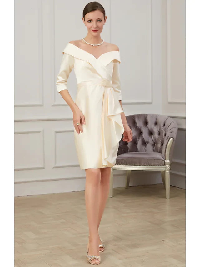 Wholesale Mother of the Bride Dress Plus Size Off Shoulder Knee Length Polyester Half Sleeve with Ruffles Ruching