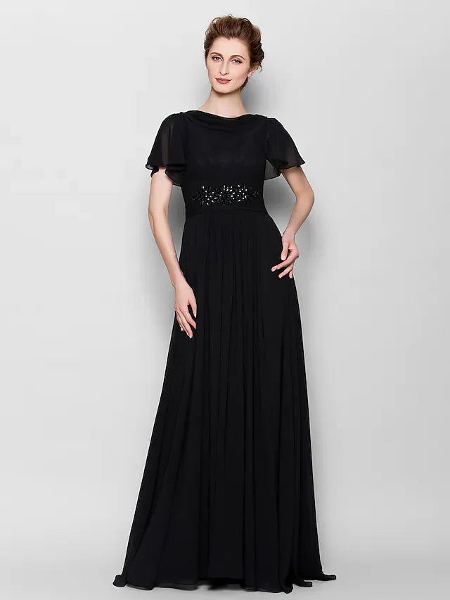 Wholesale A-Line Mother of the Bride Dress See Through Bateau Neck Floor Length Chiffon Short Sleeve with Beading