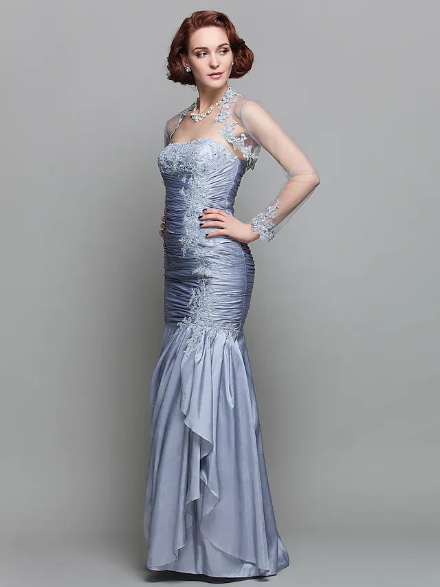 Wholesale Mother of the Bride Dress Wrap Included Strapless Floor Length Lace Taffeta Long Sleeve with Ruched Beading Appliques