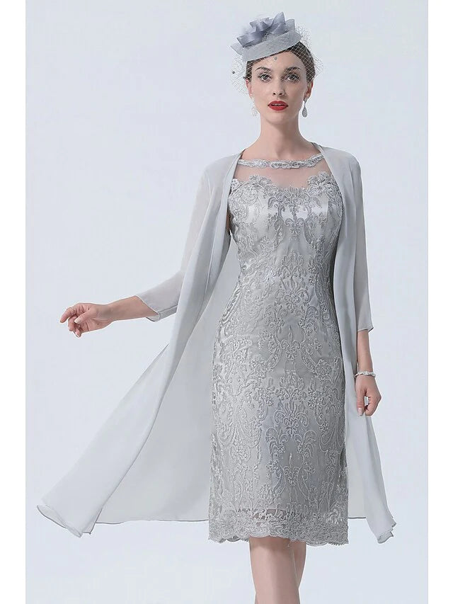 Wholesale Two Piece Mother of the Bride Dress Plus Size Vintage Sexy Jewel Neck Tea Length Chiffon 3/4 Length Sleeve with Lace