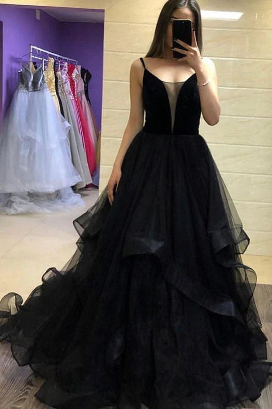Wholesale A-Line Black Spaghetti Straps Evening Dresses Tulle Long Prom Dresses