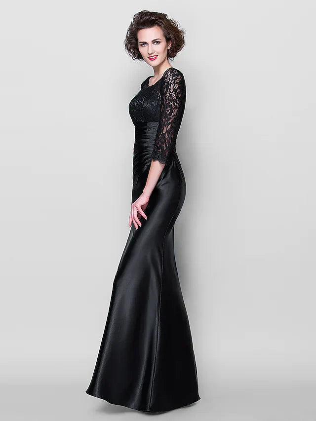 Wholesale Mother of the Bride Dress See Through Jewel Neck Floor Length Stretch Satin Lace Over Satin Length Sleeve with Lace Ruched Side Draping
