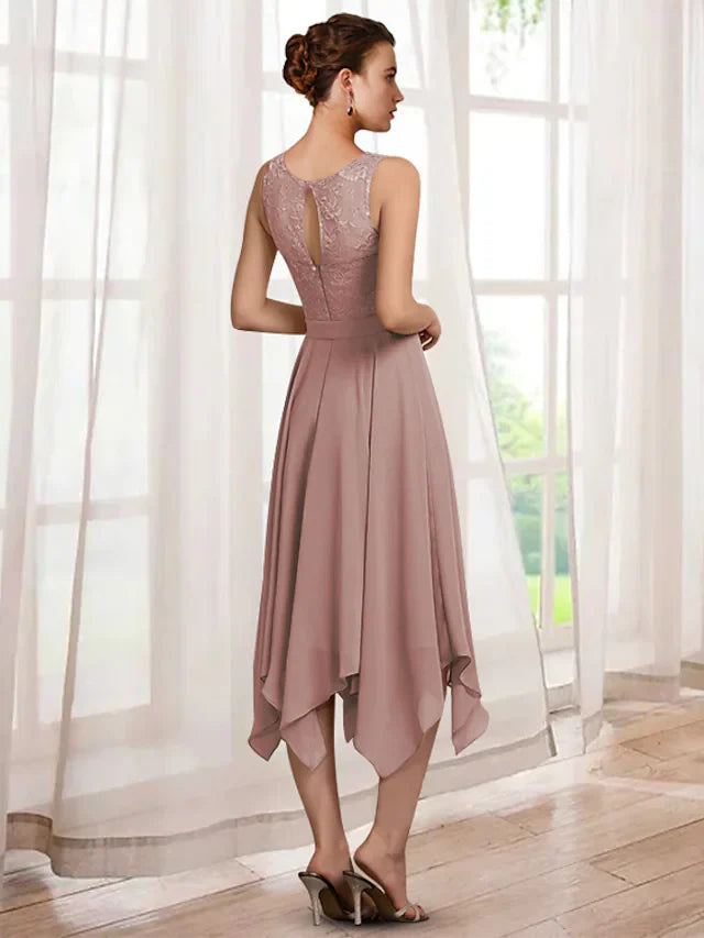 Wholesale Two Piece A-Line Mother of the Bride Dress Elegant Jewel Neck Tea Length Chiffon Lace Half Sleeve with Sash Ribbon