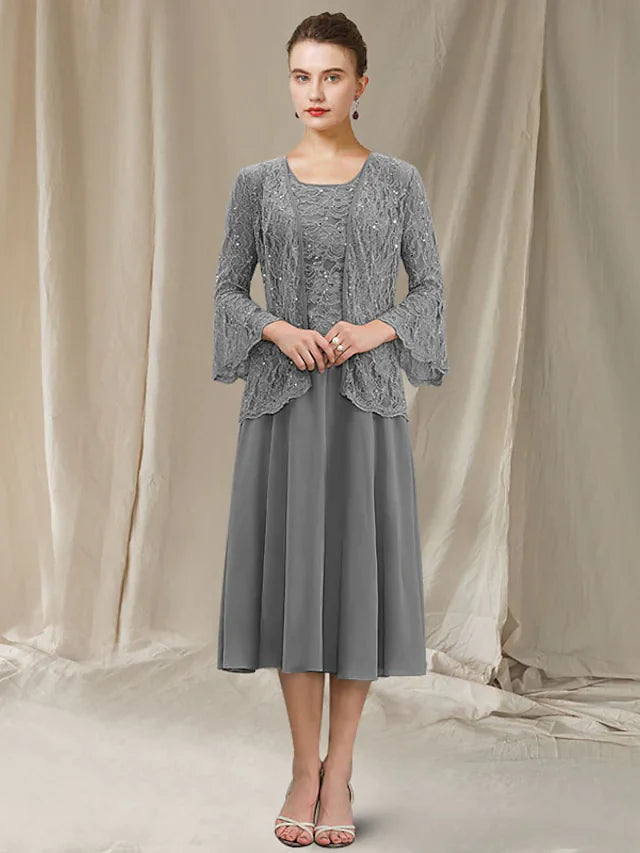 Wholesale Two Piece A-Line Mother of the Bride Dress Elegant Jewel Neck Tea Length Chiffon Lace Sleeveless with Sequin